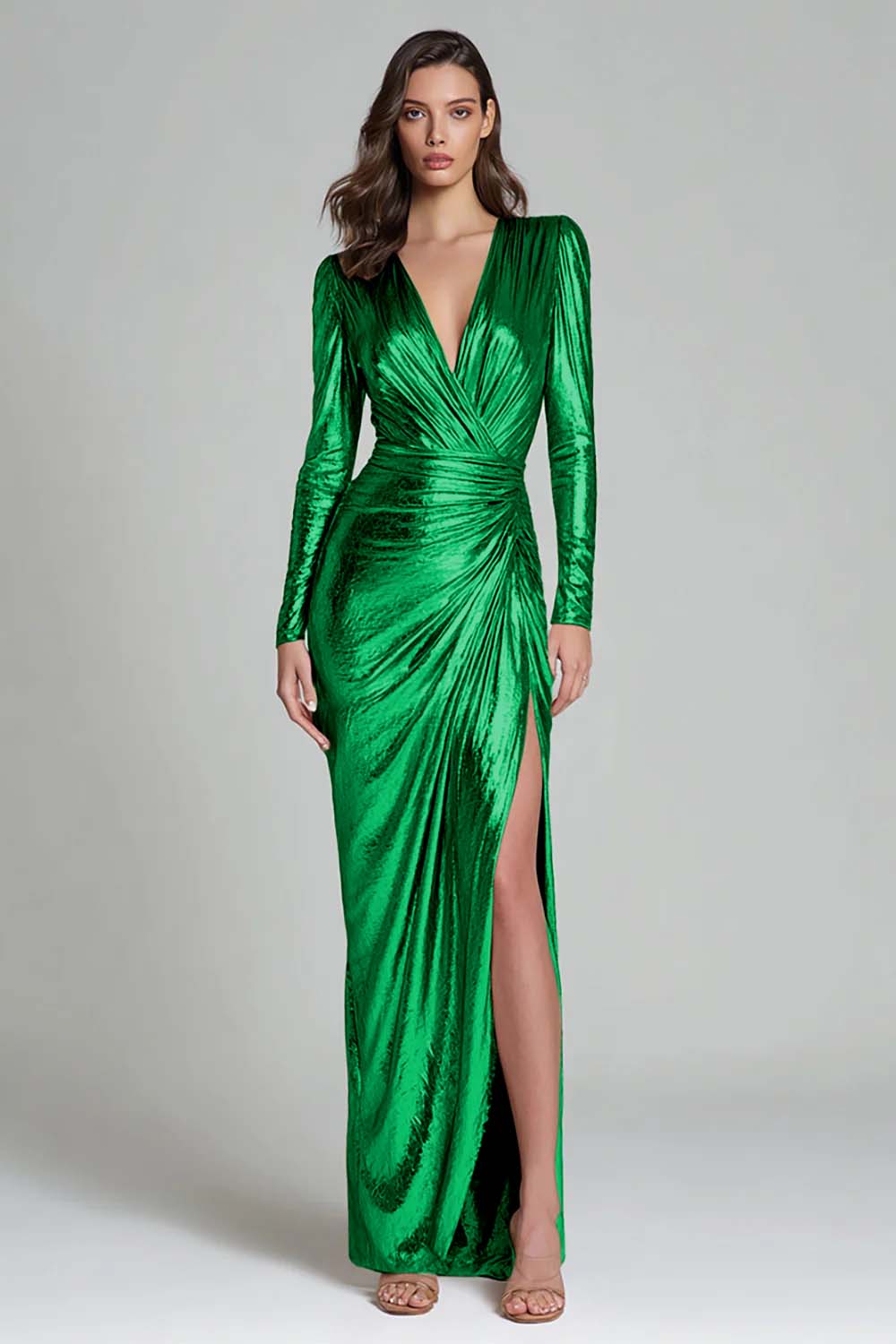 Metallic Gold V-Neck Long Holiday Party Dress with Slit