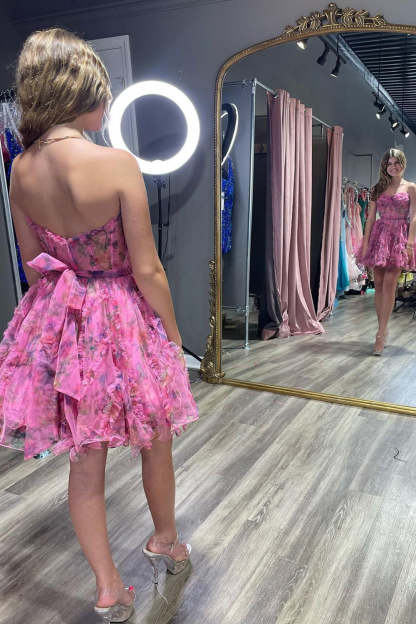 Unique A Line Sweetheart Pink Floral Printed Short Homecoming Dress