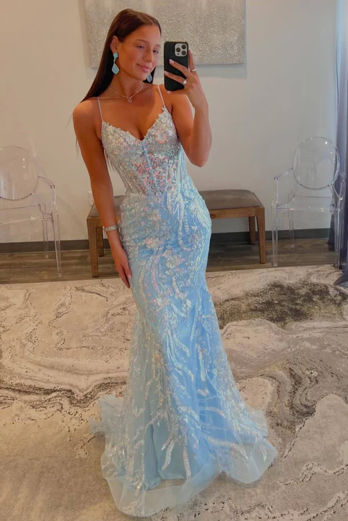 Luxurious Mermaid Spaghetti Straps Blue Corset Prom Dress with Sequins