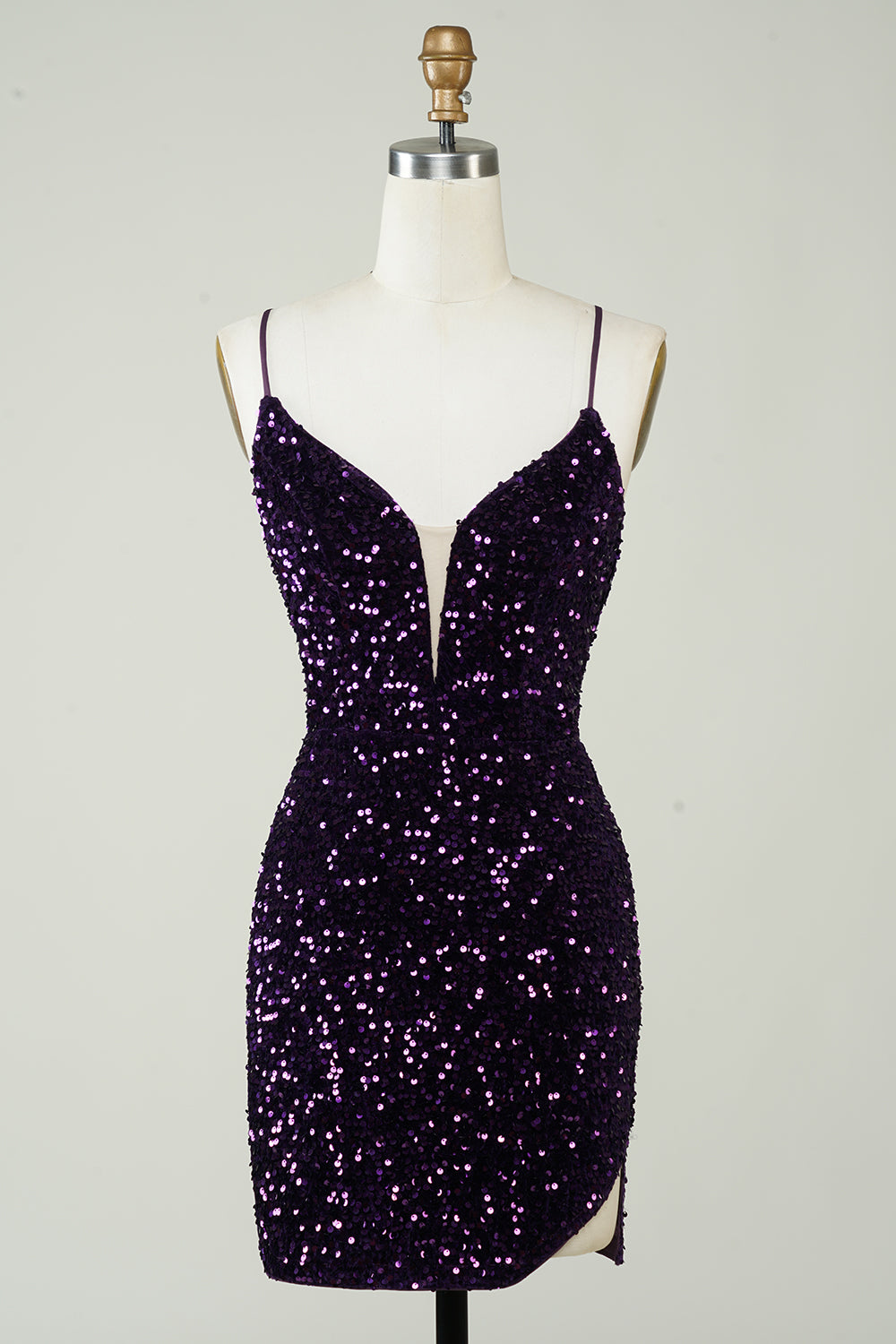 Purple Sheath Sequins Spaghetti Straps Homecoming Dress