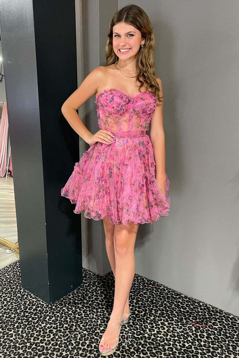 Unique A Line Sweetheart Pink Floral Printed Short Homecoming Dress