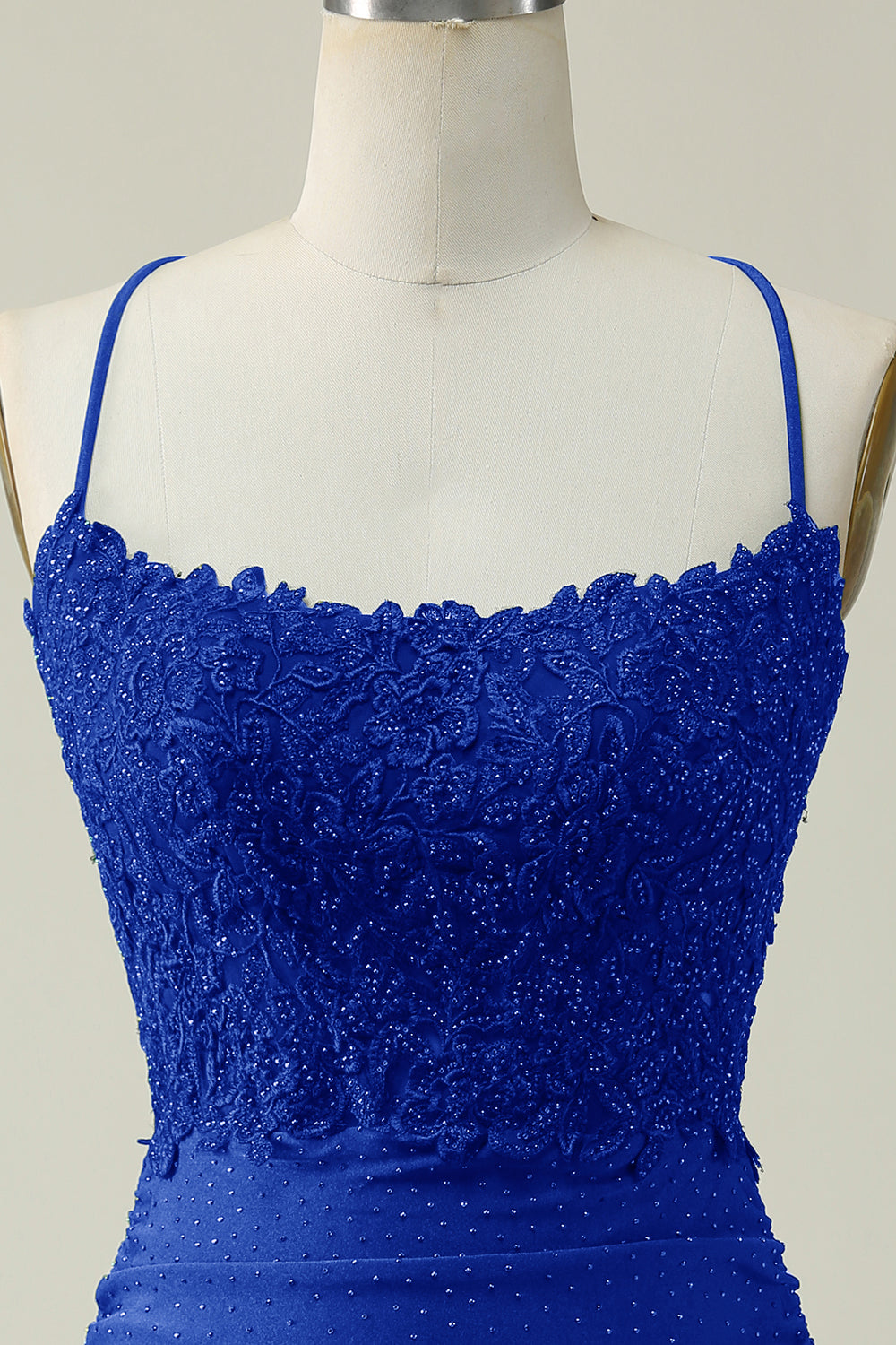 Stylish Sheath Spaghetti Straps Royal Blue Short Homecoming Dress with Appliques
