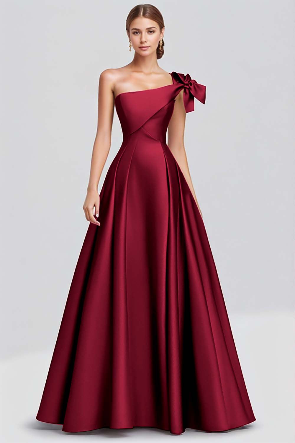 Fuchsia A Line One Shoulder Long Satin Formal Dress with Ruffles