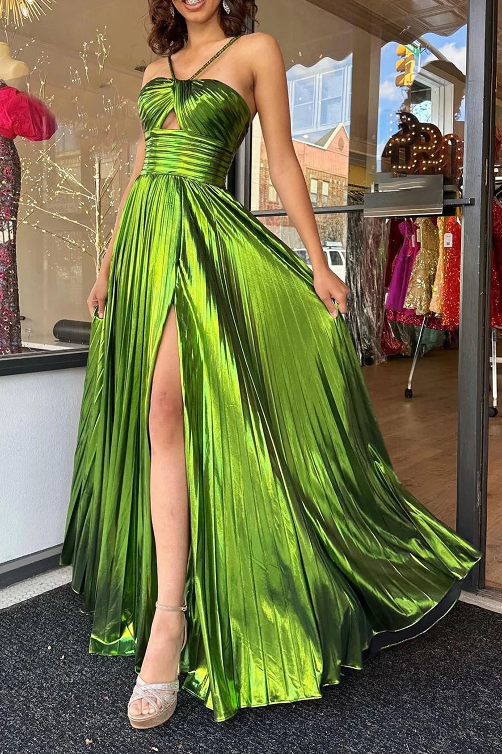 Sparkly A Line Halter Neck Gold Long Prom Dress with Keyhole Slit