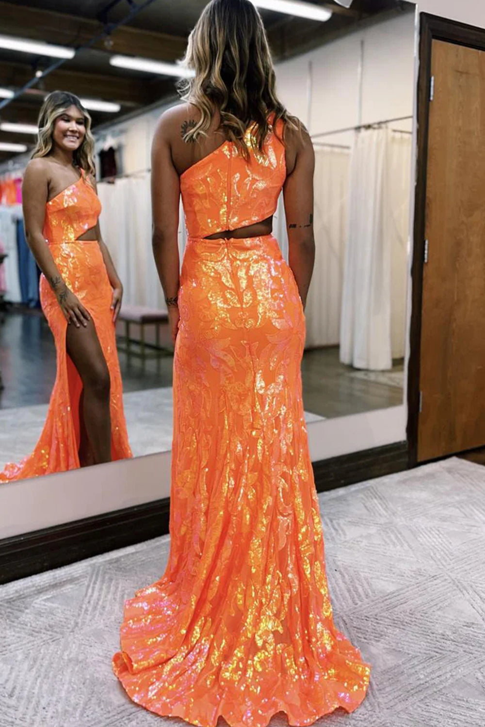 Hellymoon Women Sparkly Orange Long Prom Dress Sequin One Shoulder Formal Dress with Slit