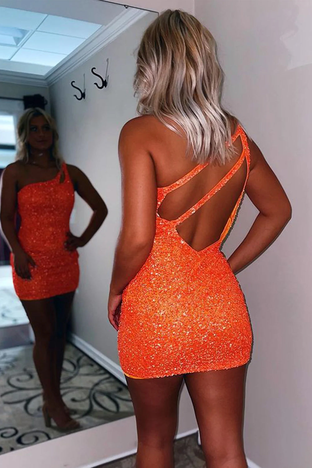 Bodycon One Shoulder Orange Sequins Open Back Short Homecoming Dress