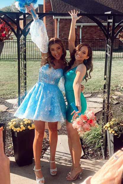 Cute A Line Sweetheart Blue Short Homecoming Dress with Long Sleeves