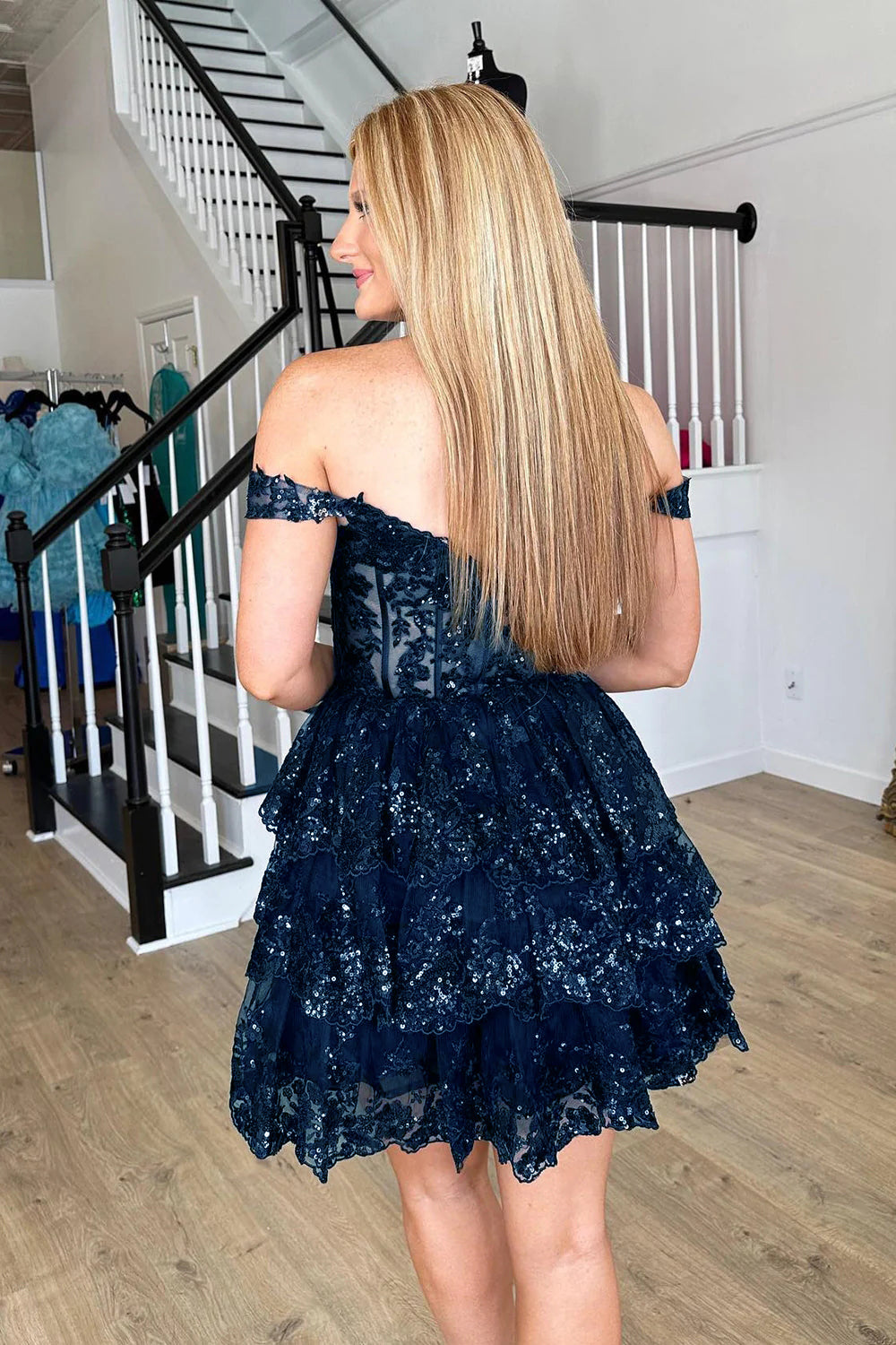 Sparkly A Line Off the Shoulder Navy Corset Homecoming Dress with Tiered Lace
