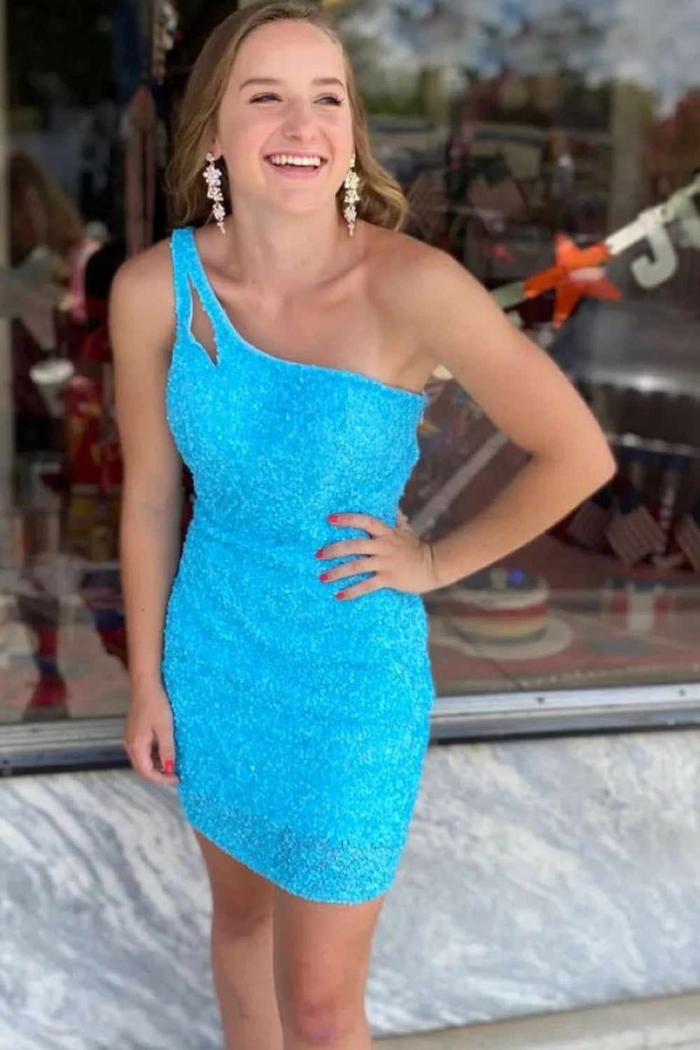 Bodycon One Shoulder Sequins Open Back Short Homecoming Dress