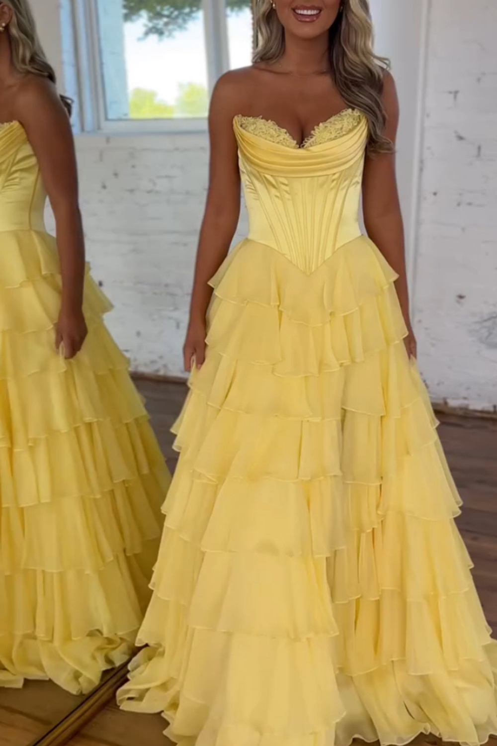 Blue Sweetheart Ruffled Long Corset Prom Dress with Slit