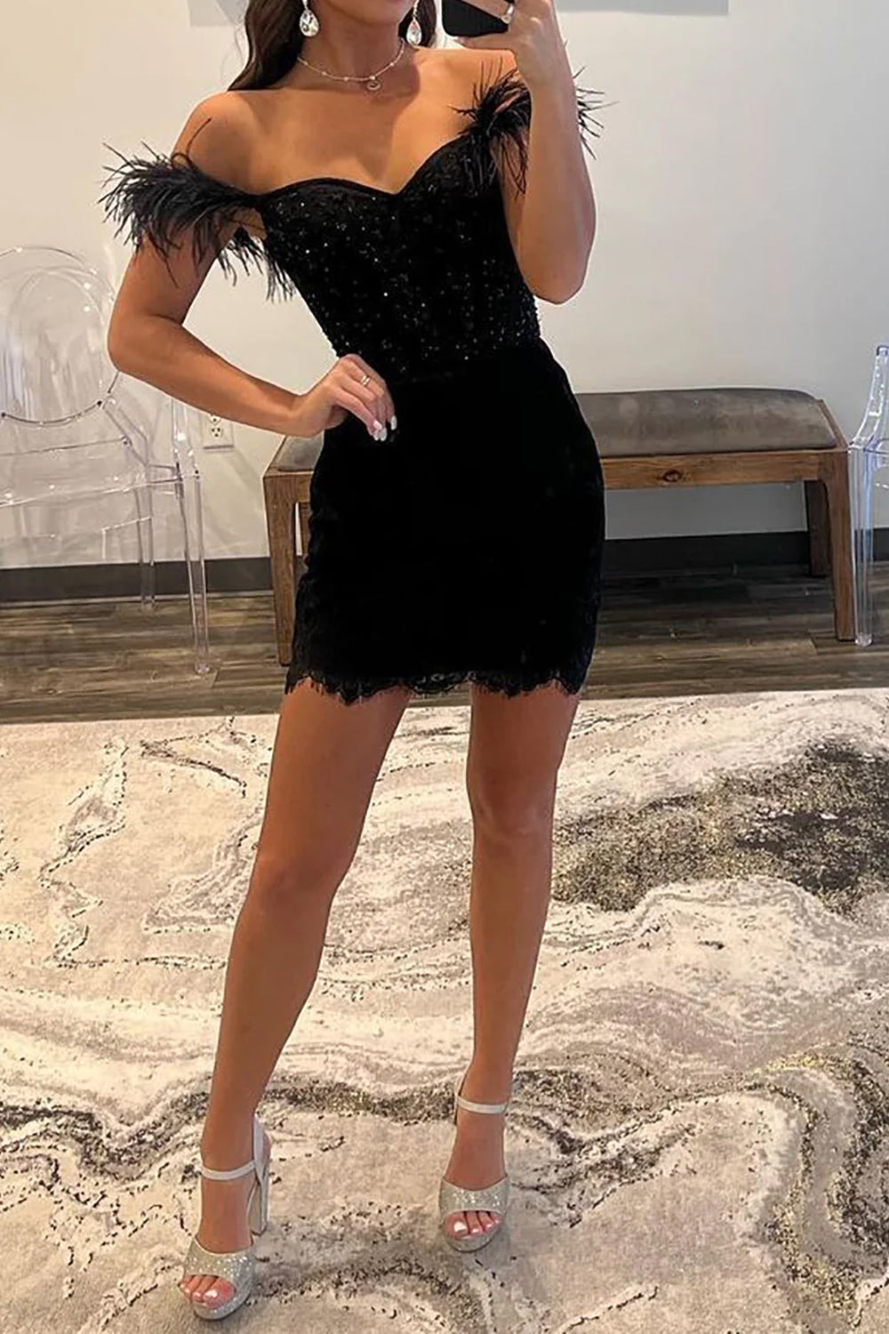 Sheath Off the Shoulder Black Short Homecoming Dress with Feather