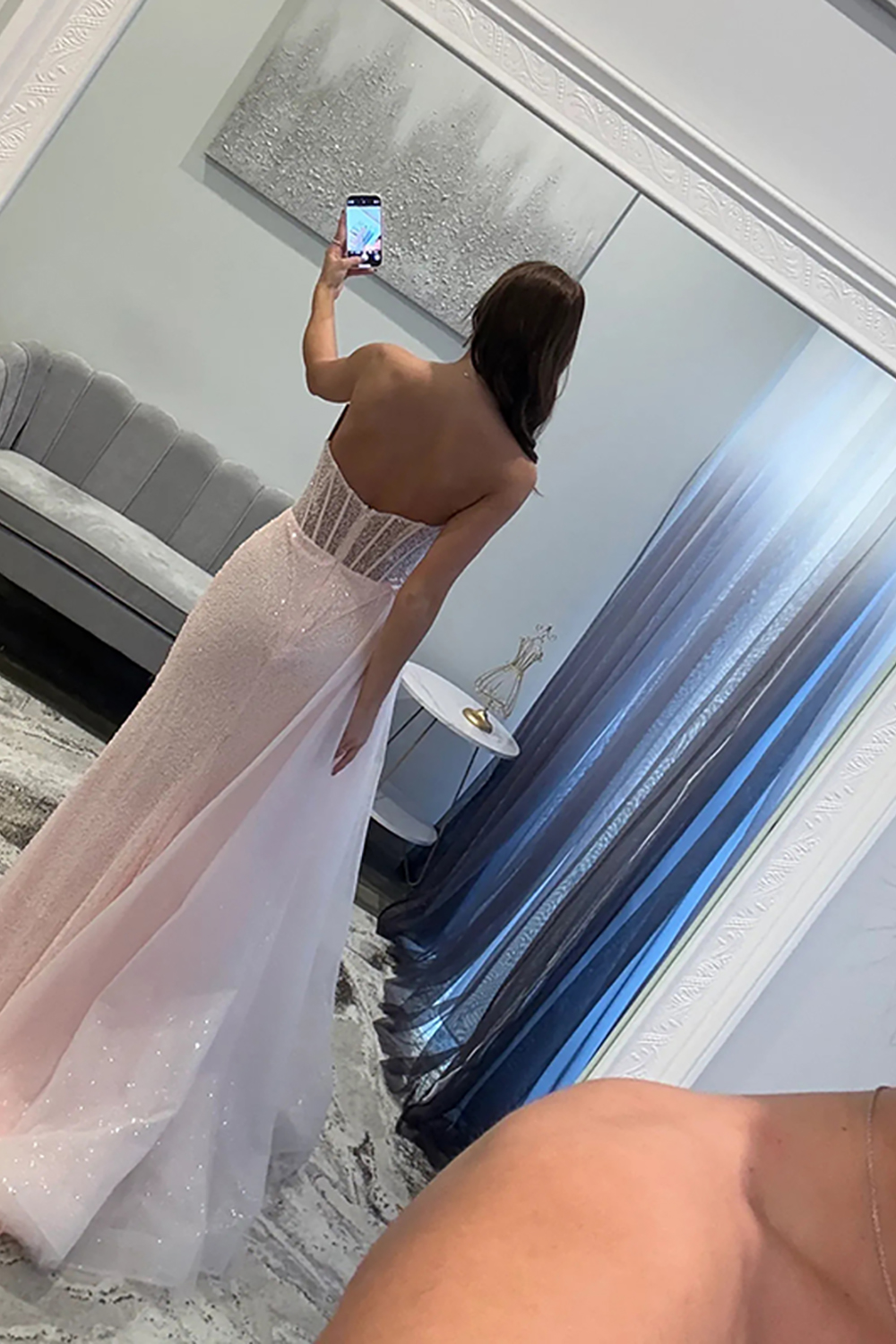 Sparkly Sequins Mermaid Corset Light Pink Long Prom Dress with Side Cape