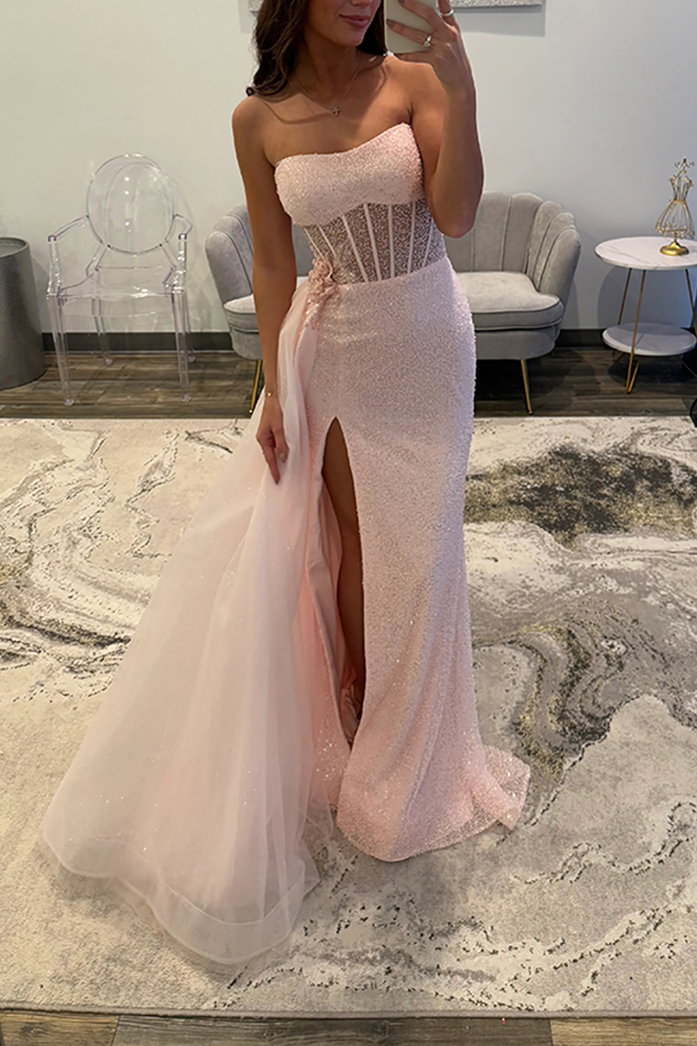 Sparkly Sequins Mermaid Corset Light Pink Long Prom Dress with Side Cape