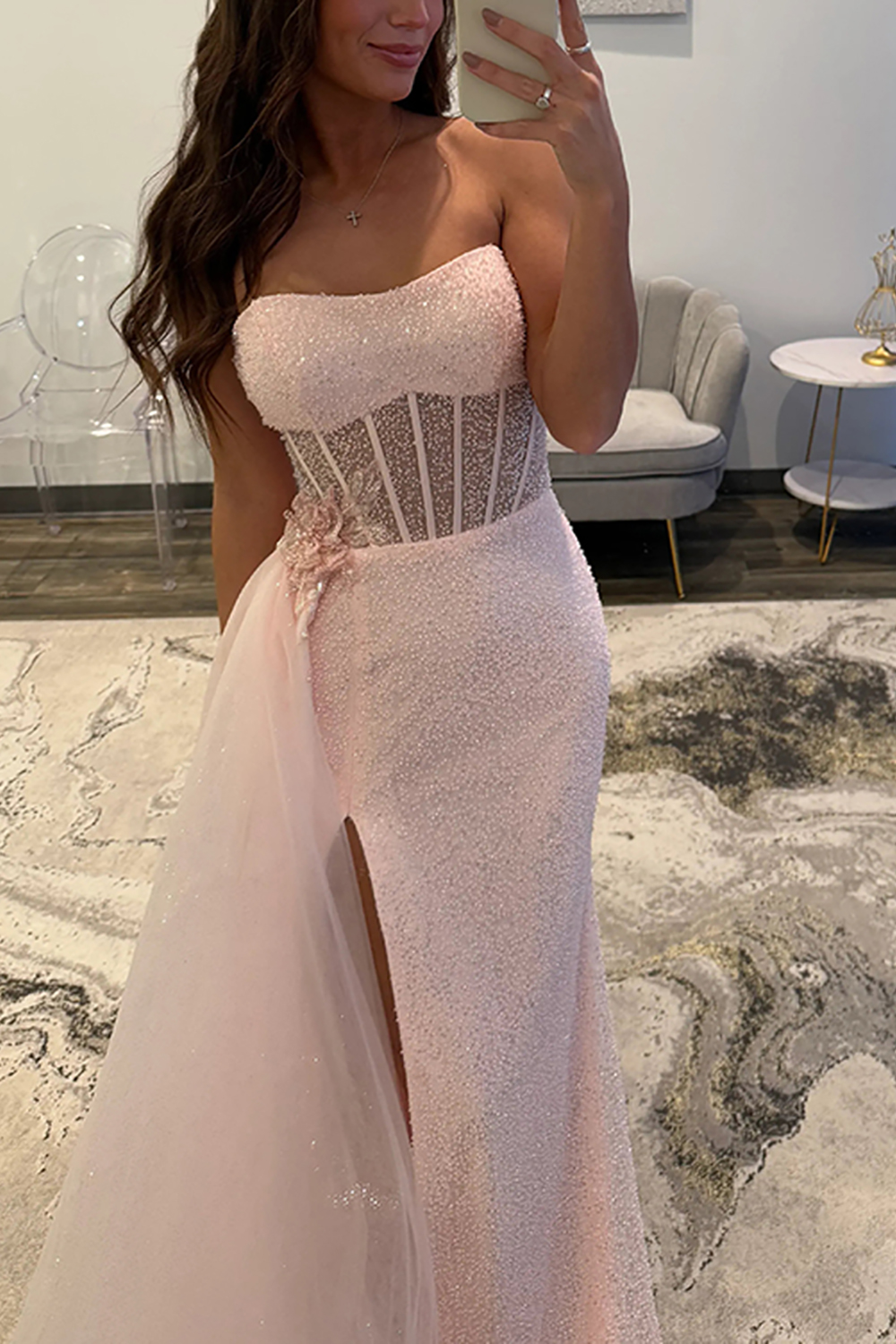 Sparkly Sequins Mermaid Corset Light Pink Long Prom Dress with Side Cape