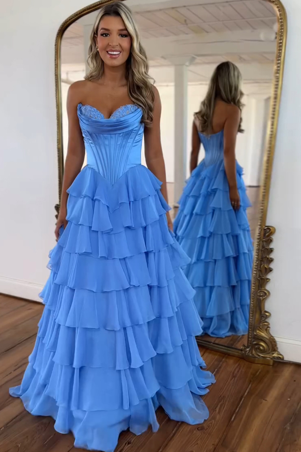 Hellymoon Women Blue Long Corset Prom Dress A-Line Sweetheart Ball Gown Chiffon Ruffled Sweet 16 Dress with Slit
