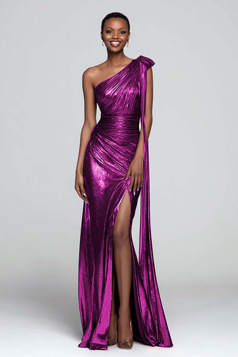 Metallic Brown One Shoulder Long Mermaid Formal Dress with Slit
