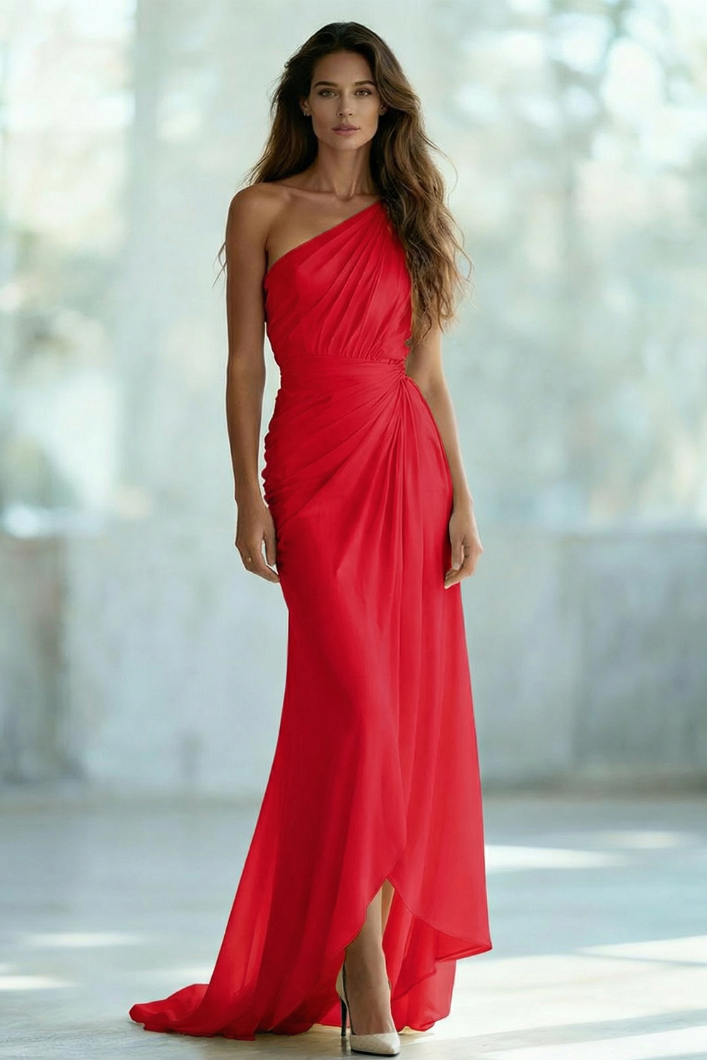 Ivory Chiffon One Shoulder Ruched Long Sheath Formal Dress