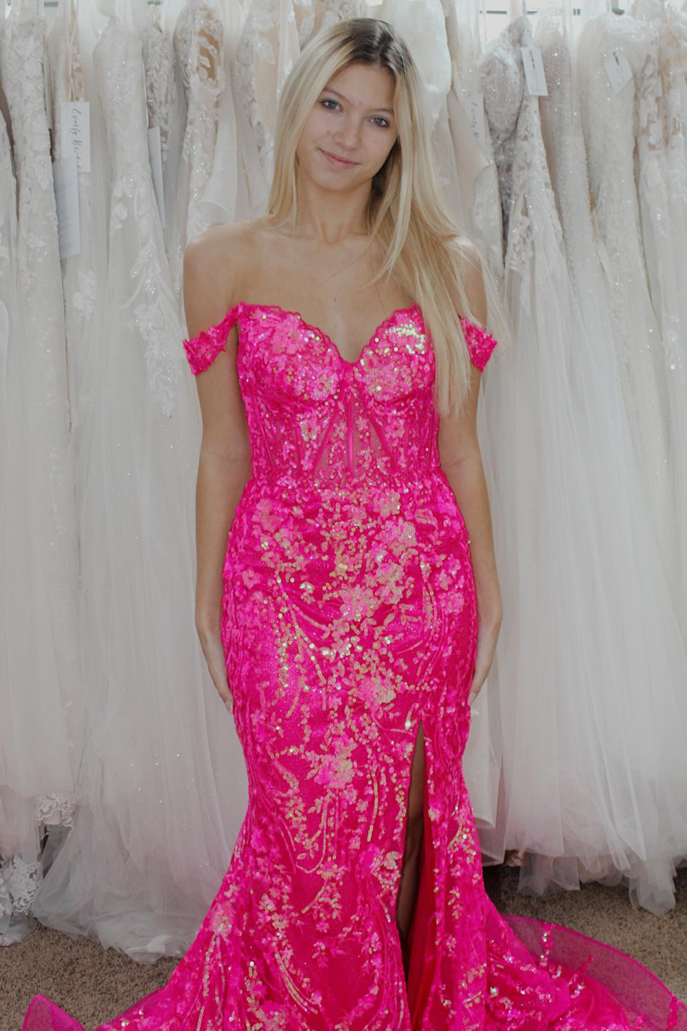 Homrain Women Sparkly Fuchsia Sequins Long Prom Dress With Slit Off the Shoulder Mermaid Formal Dress