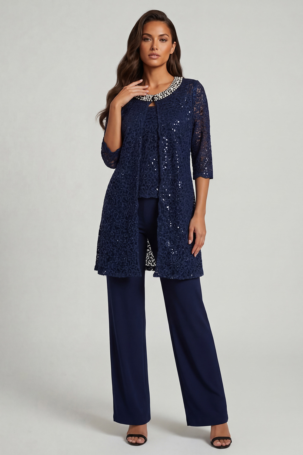 Sparkly Dusk Beaded Round Neck 3 Piece Mother of the Bride Pant Suits with Jacket