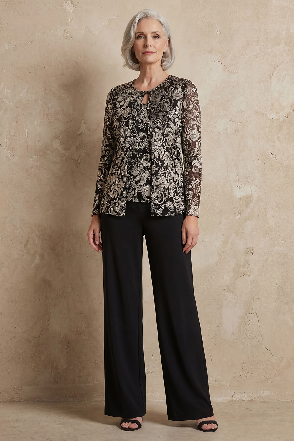 Jacquard Black Golden 3 Piece Mother of the Bride Pant Suits with Jacket