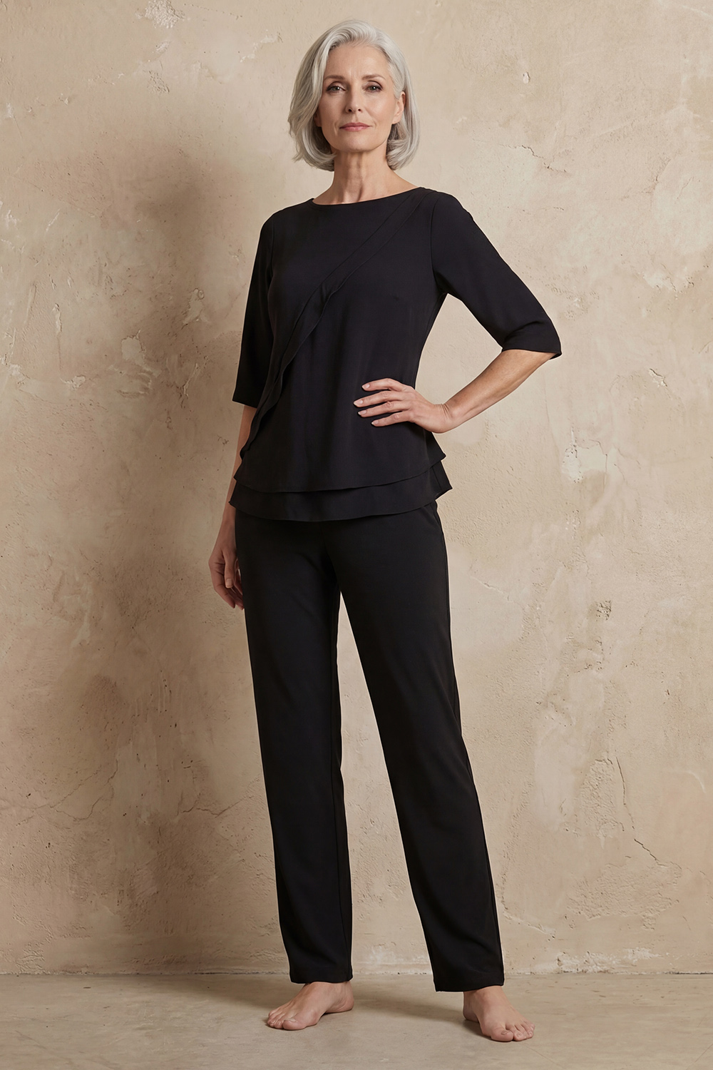 Black Bateau Neck 2 Piece Mother of the Bride Pant Suits with Sleeves