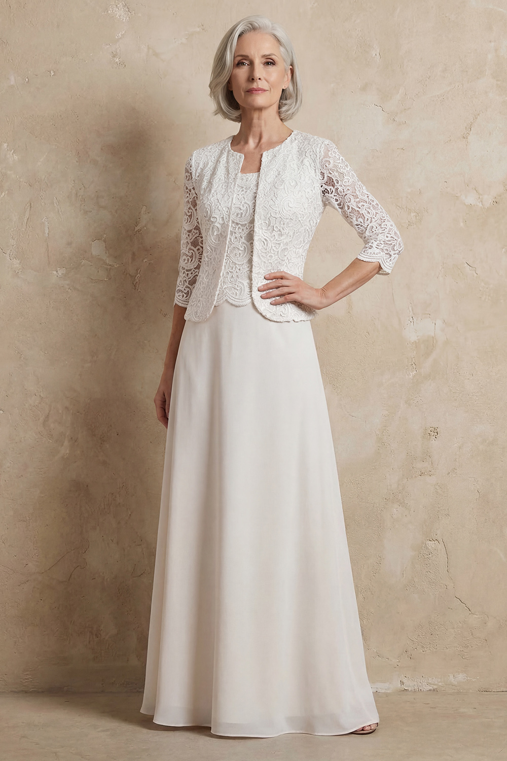 Apricot Chiffon Square Neck Floor-Length 3-Piece Mother of the Bride Dress with Jacket