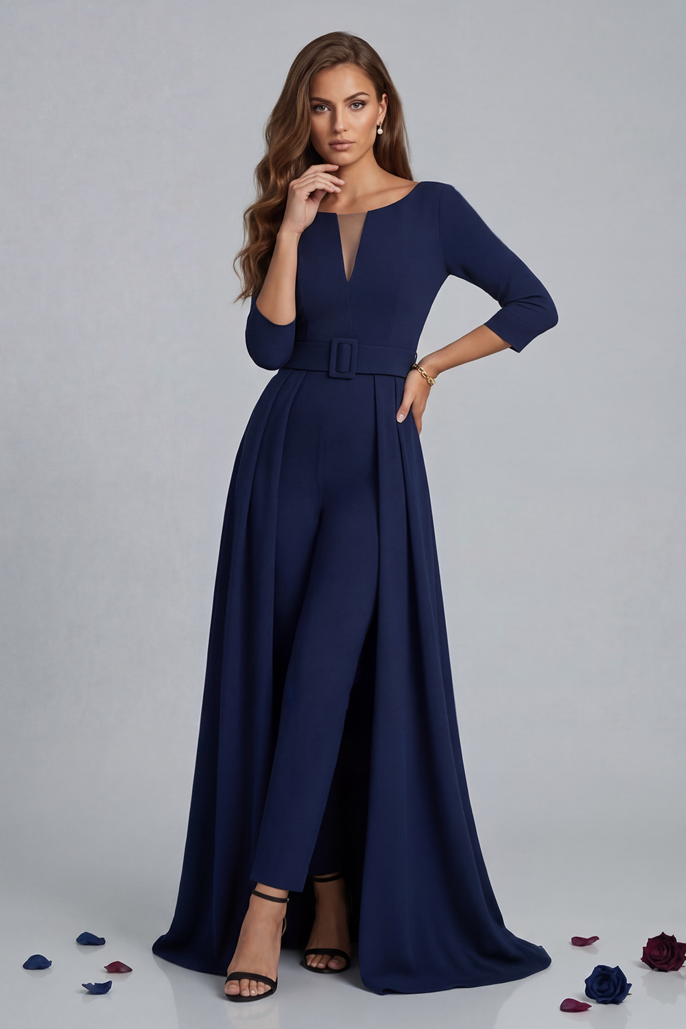 Dark Navy Satin Boat Neck Floor-Length Mother of the Bride Jumpsuits with Cape
