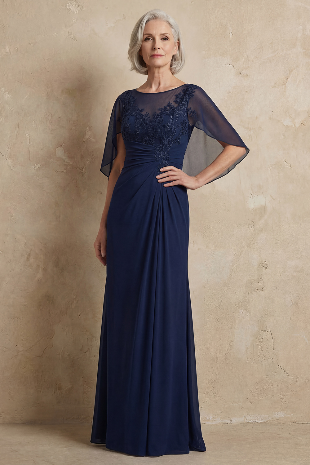 Dark Navy Sheath Ruched Floor-Length Mother of the Bride Dress with Cape