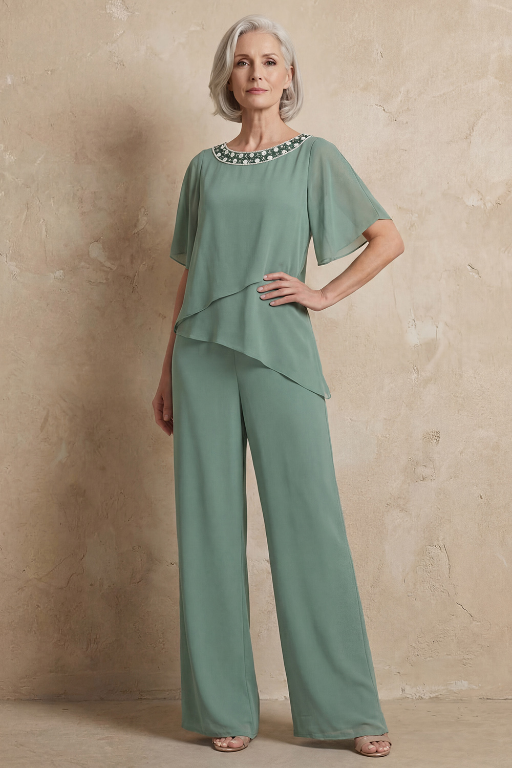 Royal Blue Chiffon Bateau Neck 2 Piece Mother of the Bride Pant Suits with Sleeves