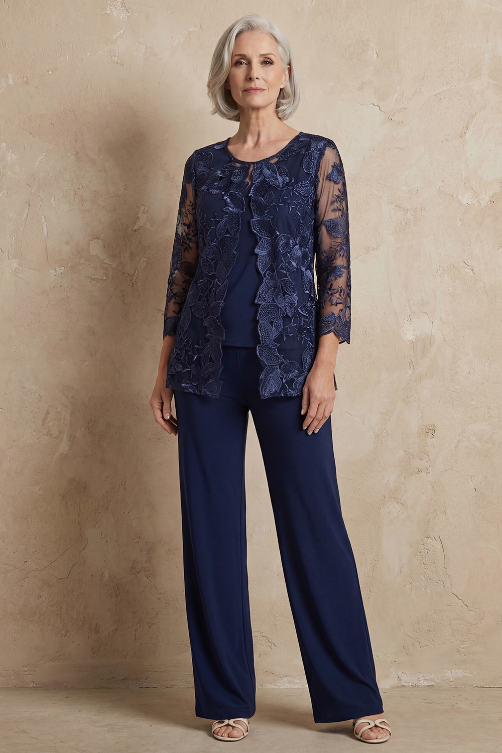 Navy Boat Neck Floral 3 Piece Mother of the Bride Pant Suits with Jacket