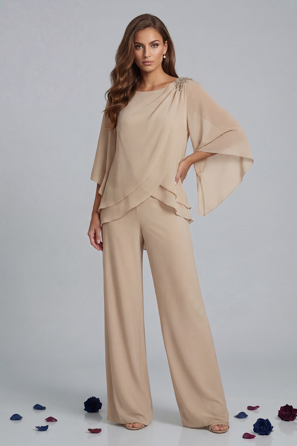 Champagne Chiffon Boat Neck 2 Piece Mother of the Bride Pant Suits
