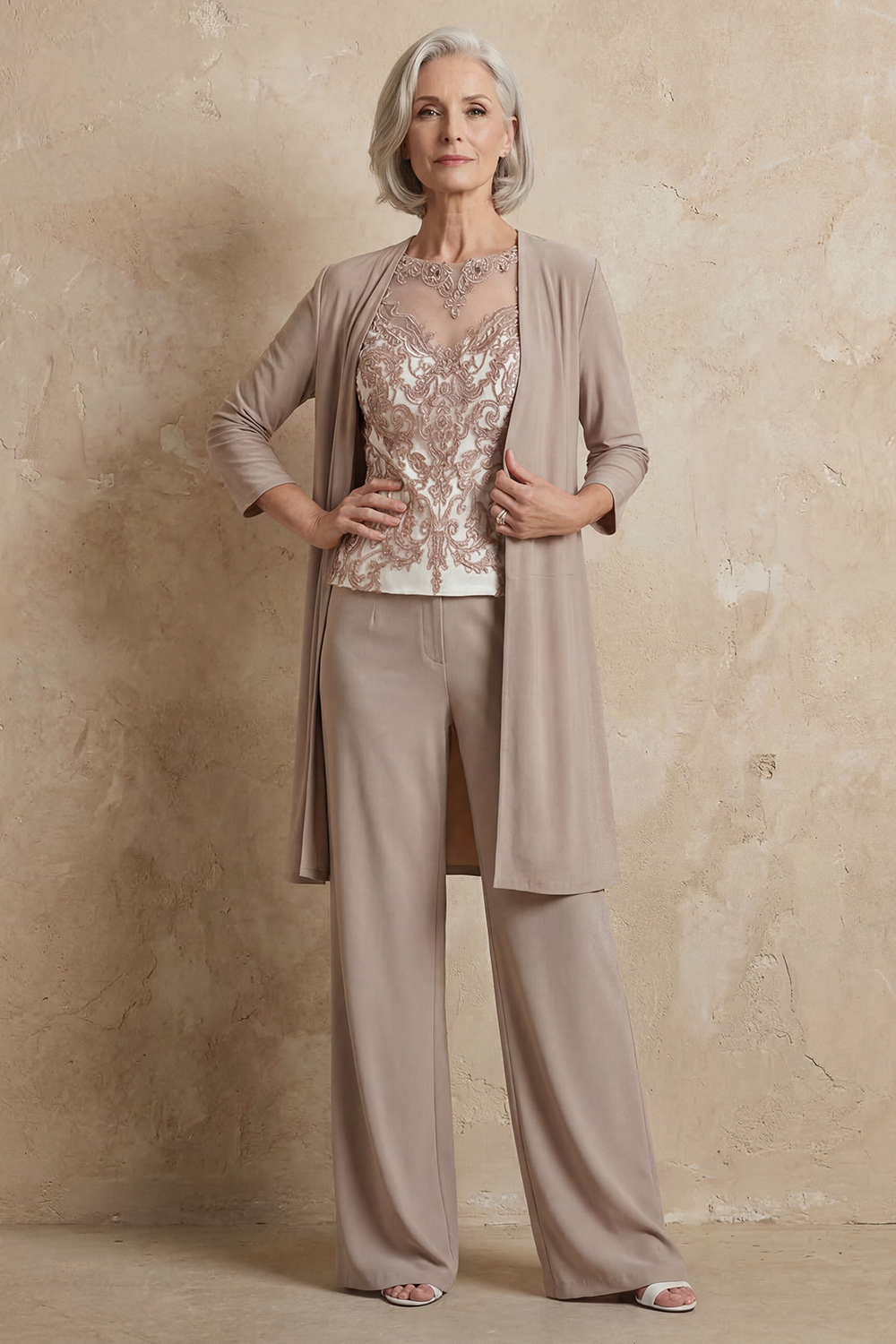 Light Blue Bateau Neck Chiffon 3-Piece Mother of the Bride Pant Suits with Jacket