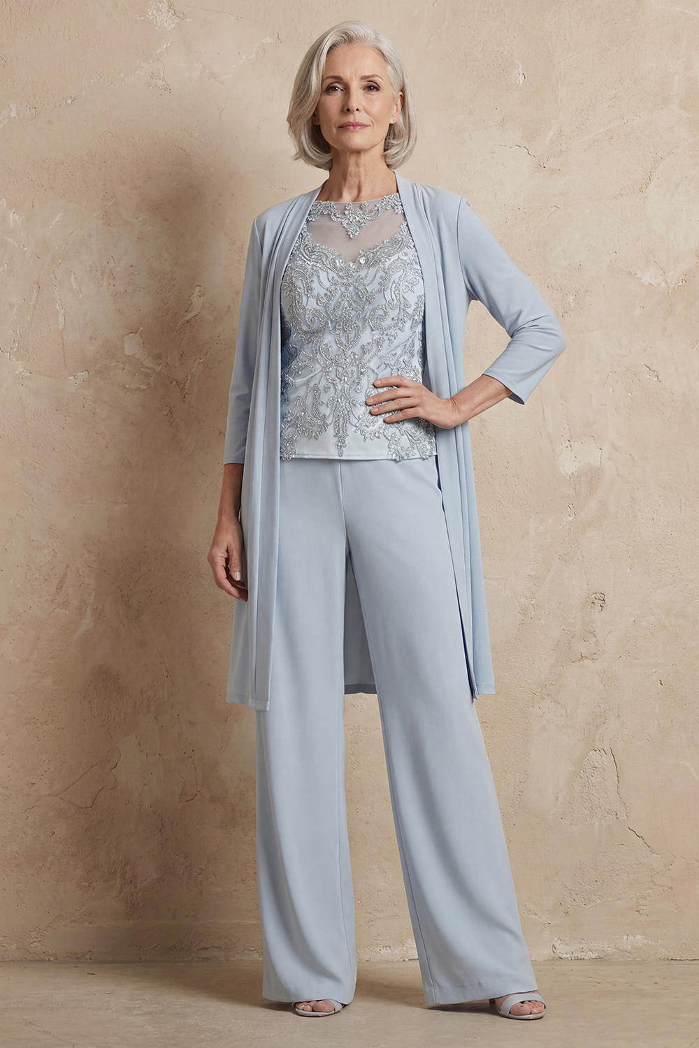 Light Blue Bateau Neck Chiffon 3-Piece Mother of the Bride Pant Suits with Jacket