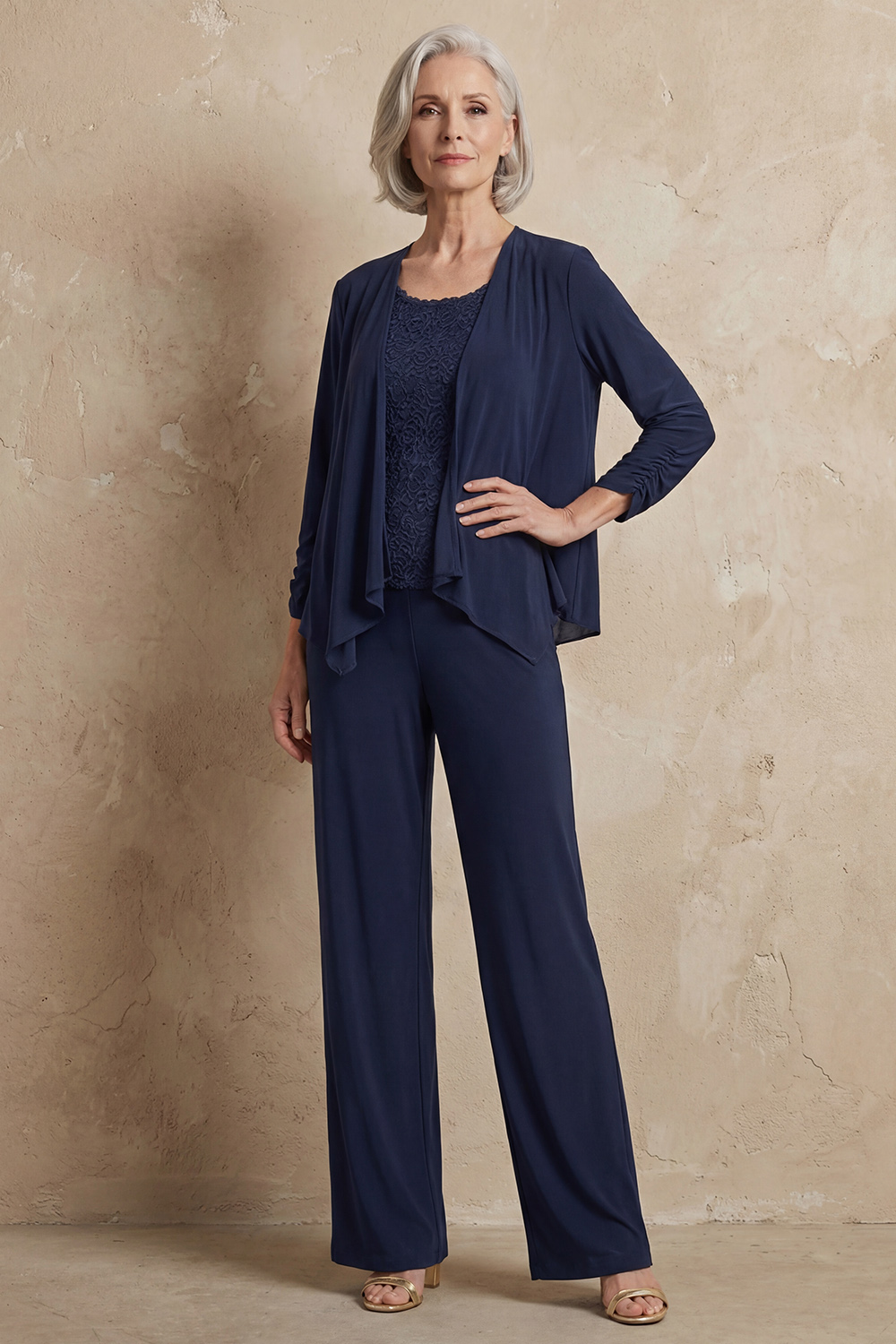 Khaki Chiffon Scoop Neck 3 Piece Mother of the Bride Pant Suits with Jacket