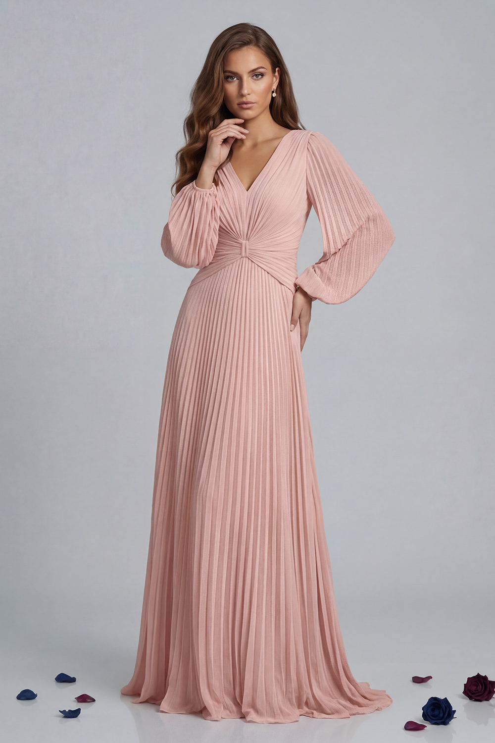 Blush Pink Chiffon V-Neck Pleated Floor-Length Mother of the Bride Dress with Sleeves