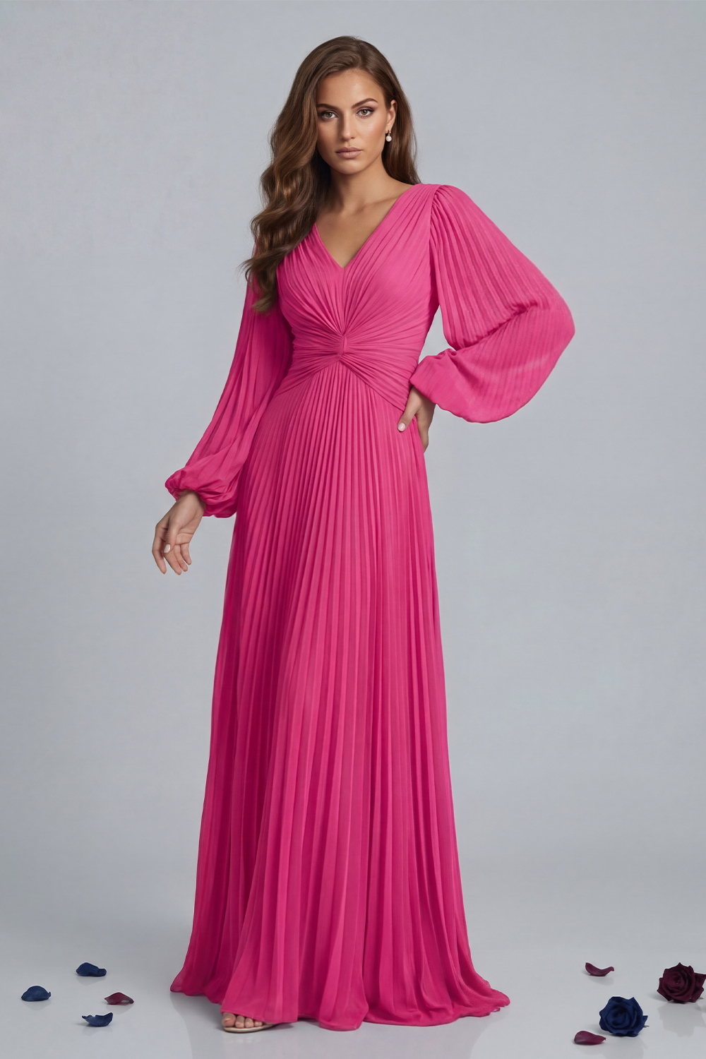 Blush Pink Chiffon V-Neck Pleated Floor-Length Mother of the Bride Dress with Sleeves