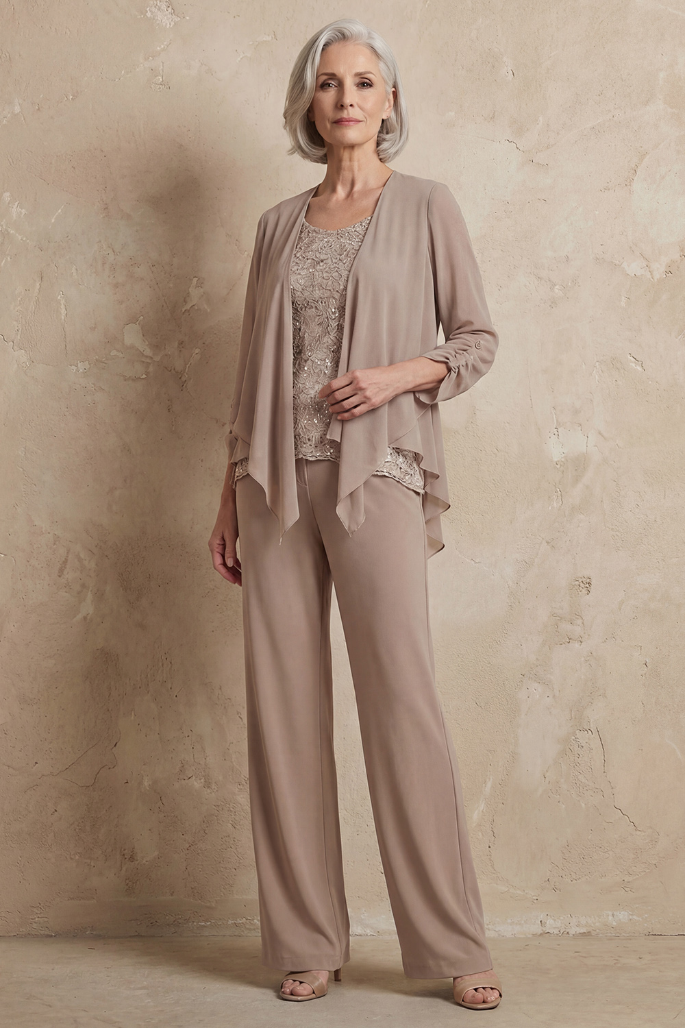 Khaki Chiffon Scoop Neck 3 Piece Mother of the Bride Pant Suits with Jacket