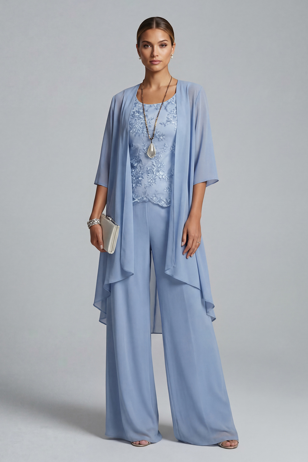 Dusty Blue Chiffon Appliqued 3 Piece Mother of the Bride Pant Suits with Jacket
