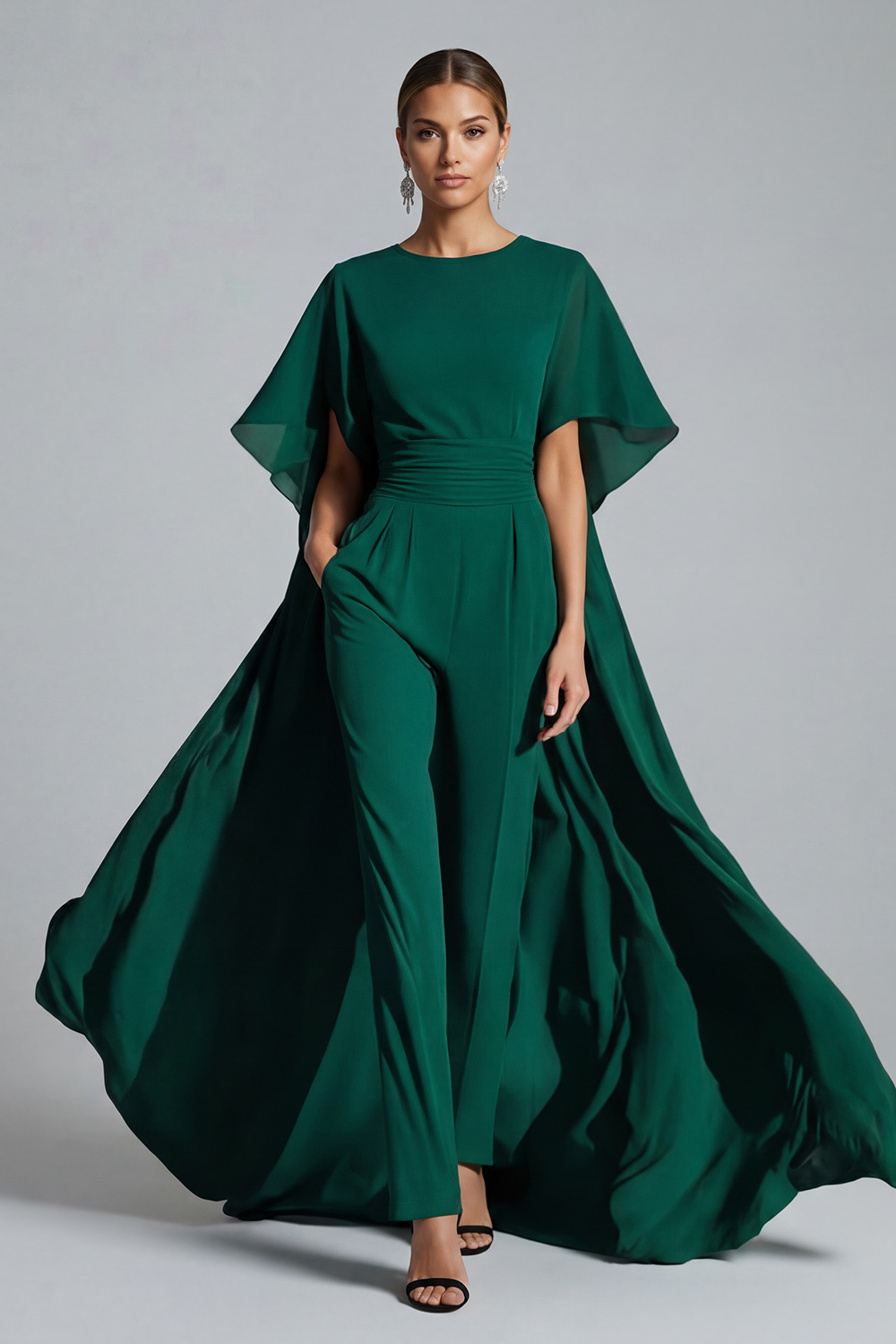Dark Green Boat Neck Long Mother of the Bride Jumpsuits with Cape
