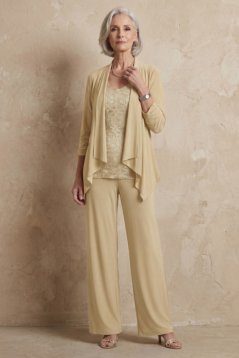 Silver Chiffon Scoop Neck 3 Piece Mother of the Bride Pant Suits with Jacket