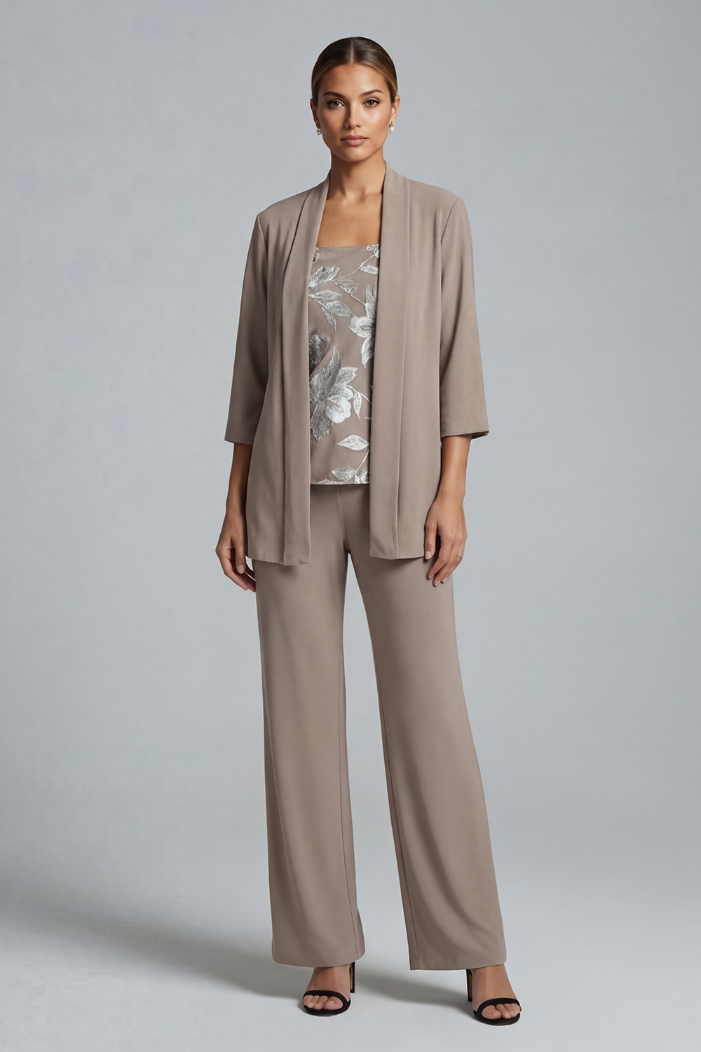 Khaki Floral Chiffon 3 Piece Mother of the Bride Pant Suits with Jacket