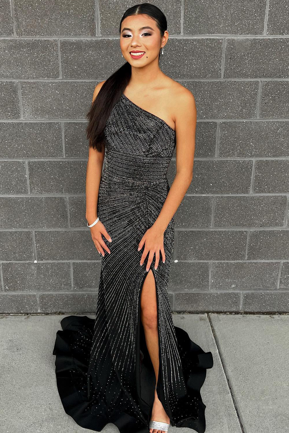 Sparkly Burgundy Beaded One Shoulder Long Prom Dress with Slit