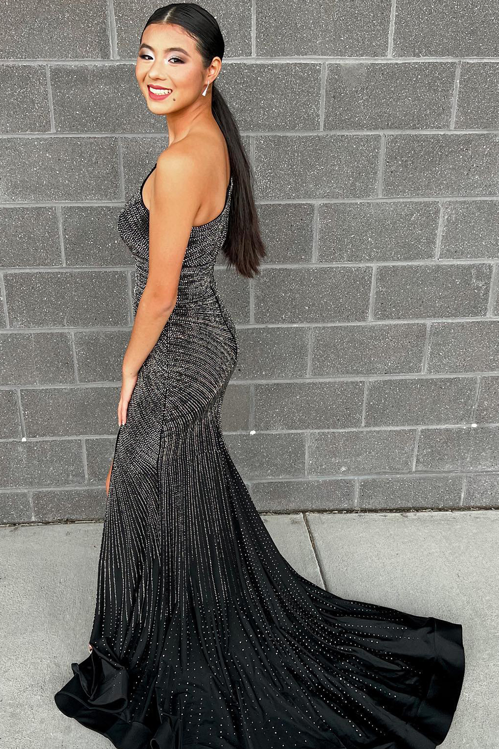 Sparkly Burgundy Beaded One Shoulder Long Prom Dress with Slit