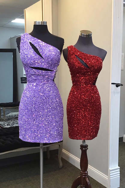 Sparkly Purple One Shoulder Cut Out Sequins Tight Short Homecoming Dress