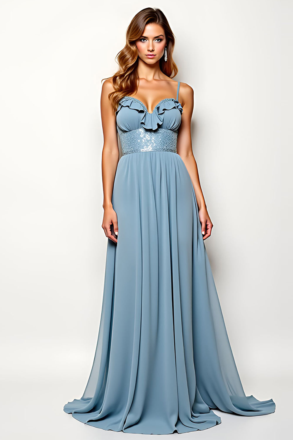 Spaghetti Straps A Line Dusty Blue Chiffon Wedding Guest Dress