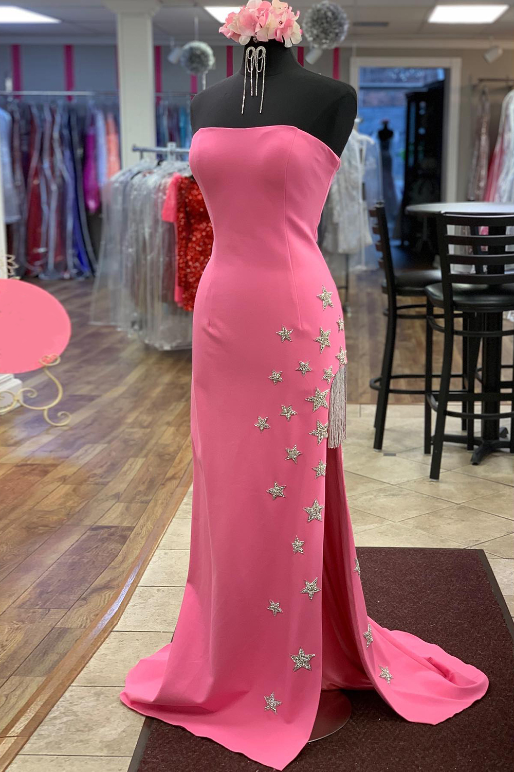 Black Sheath Prom Dress with Stars and Fringes