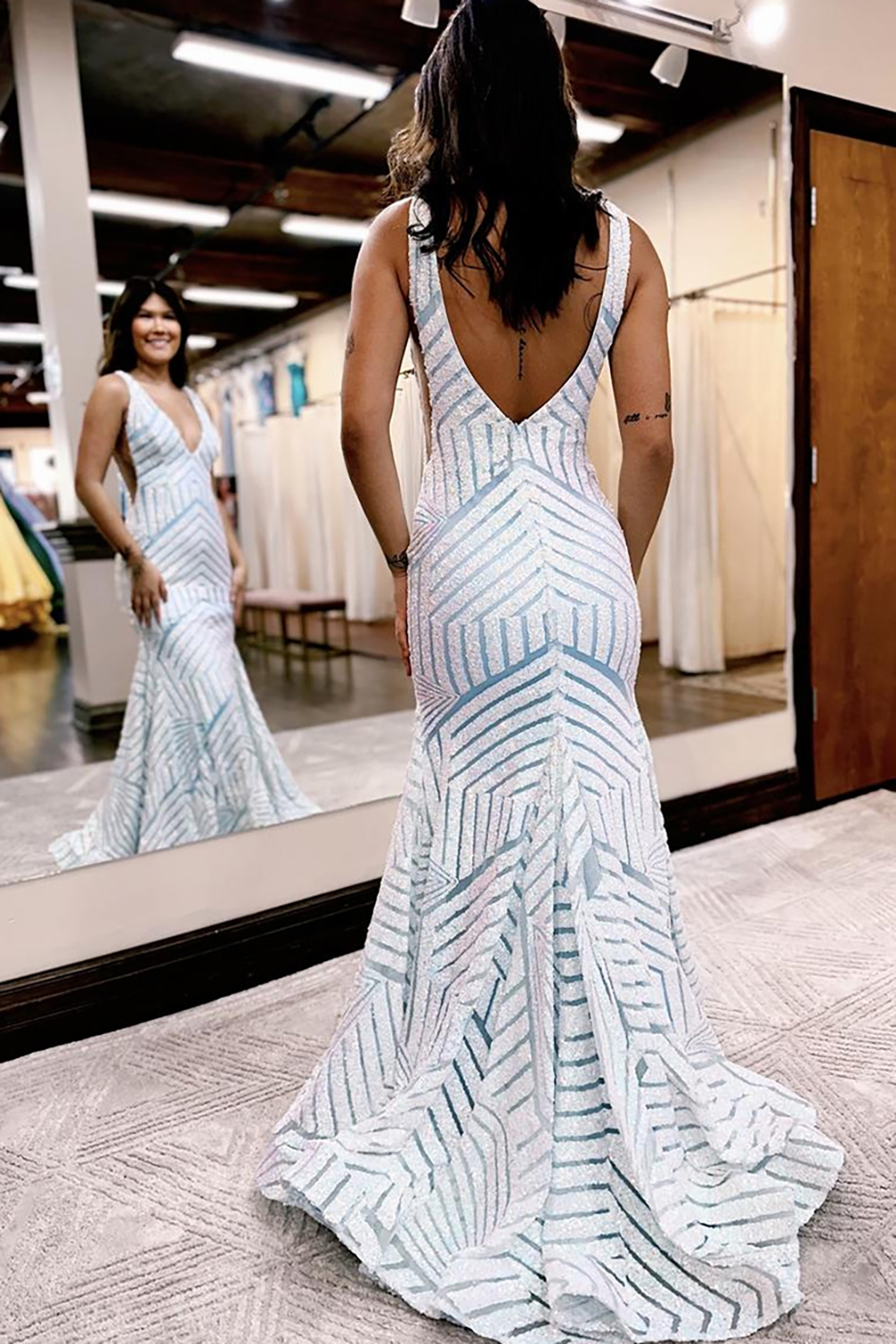 Light Purple Deep V Neck Sequin Mermaid Prom Dress