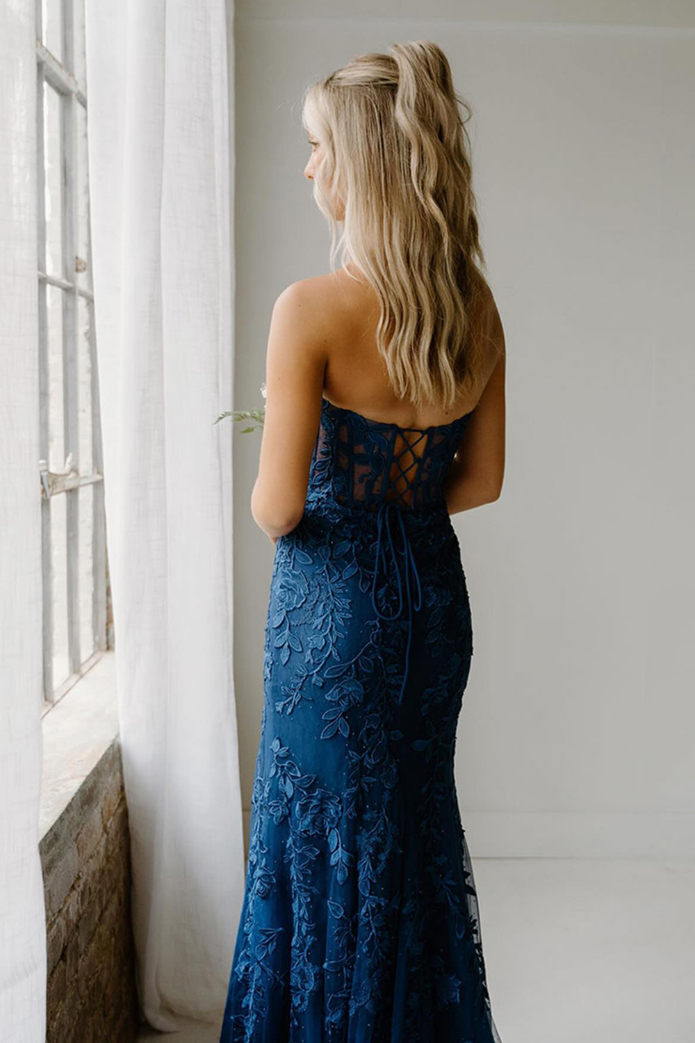 Purple Corset Sweetheart Long Lace Prom Dress with Slit