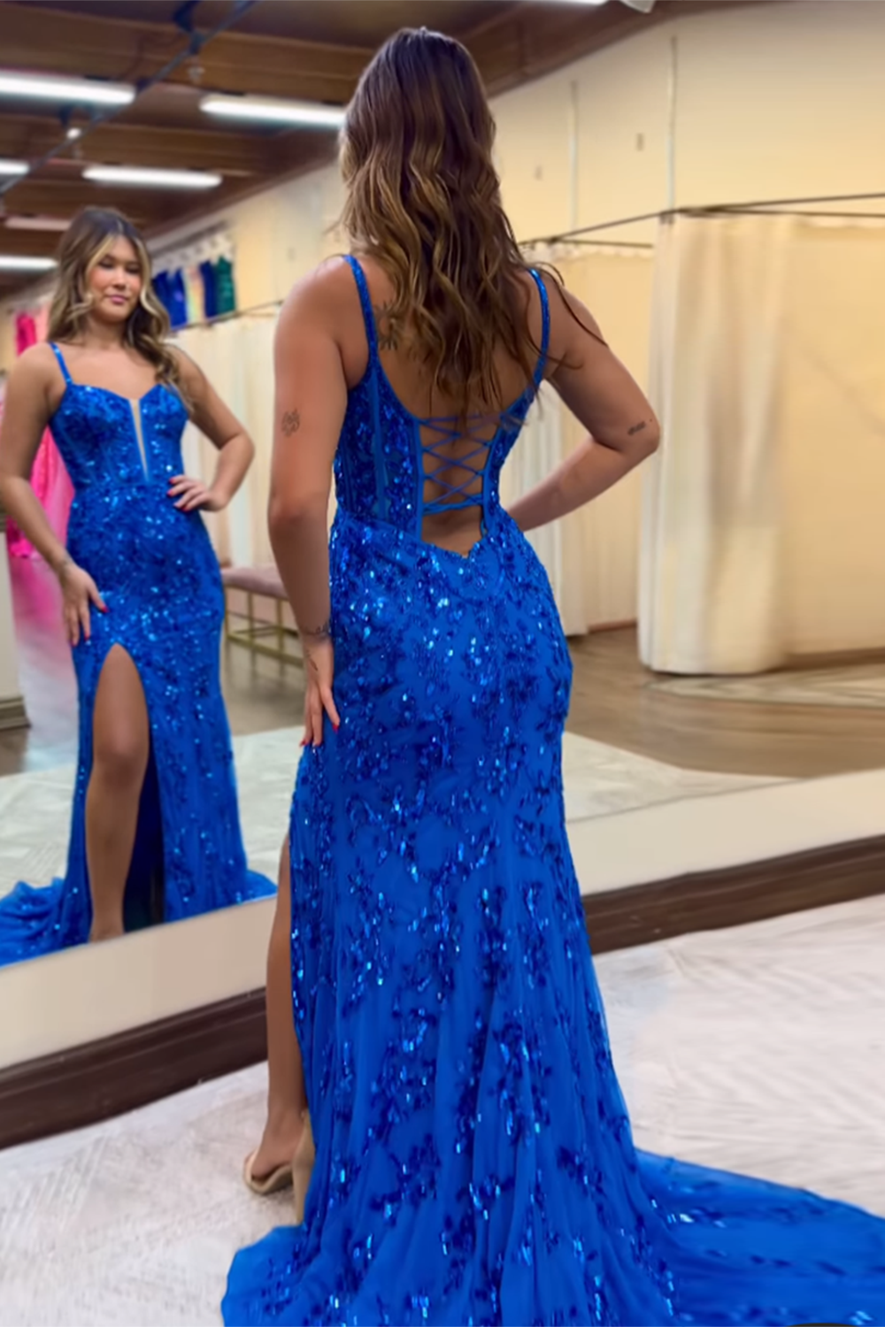 Glitter Corset Blue Sequins Long Prom Dress with Slit