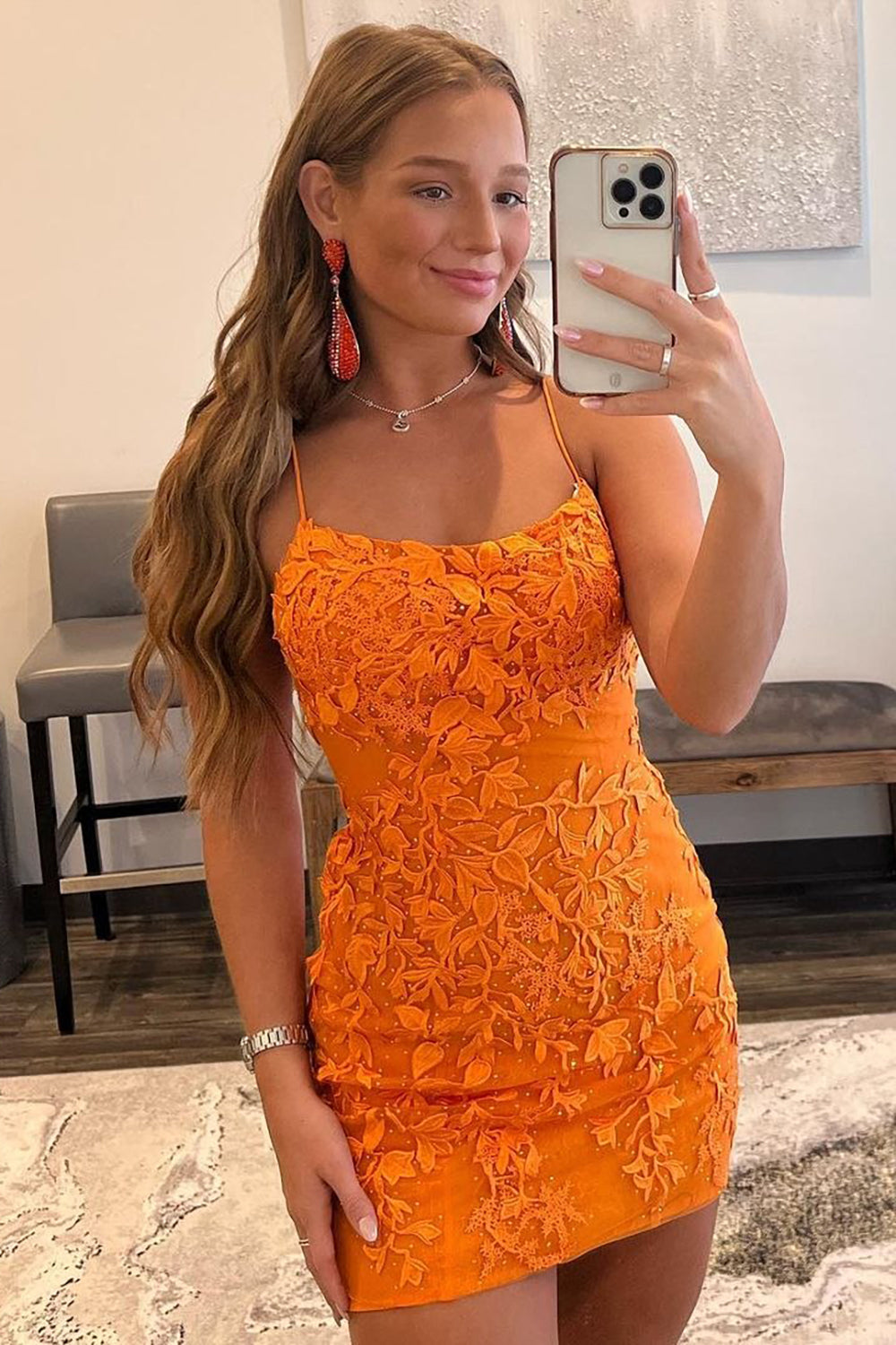 Orange Short Tight Homecoming Dress with Lace Beading